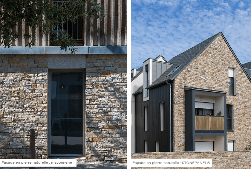  Façade en pierre naturelle réalisée avec la technique de maçonnerie vs.  Façade en pierre naturelle réalisée avec Stonepanel