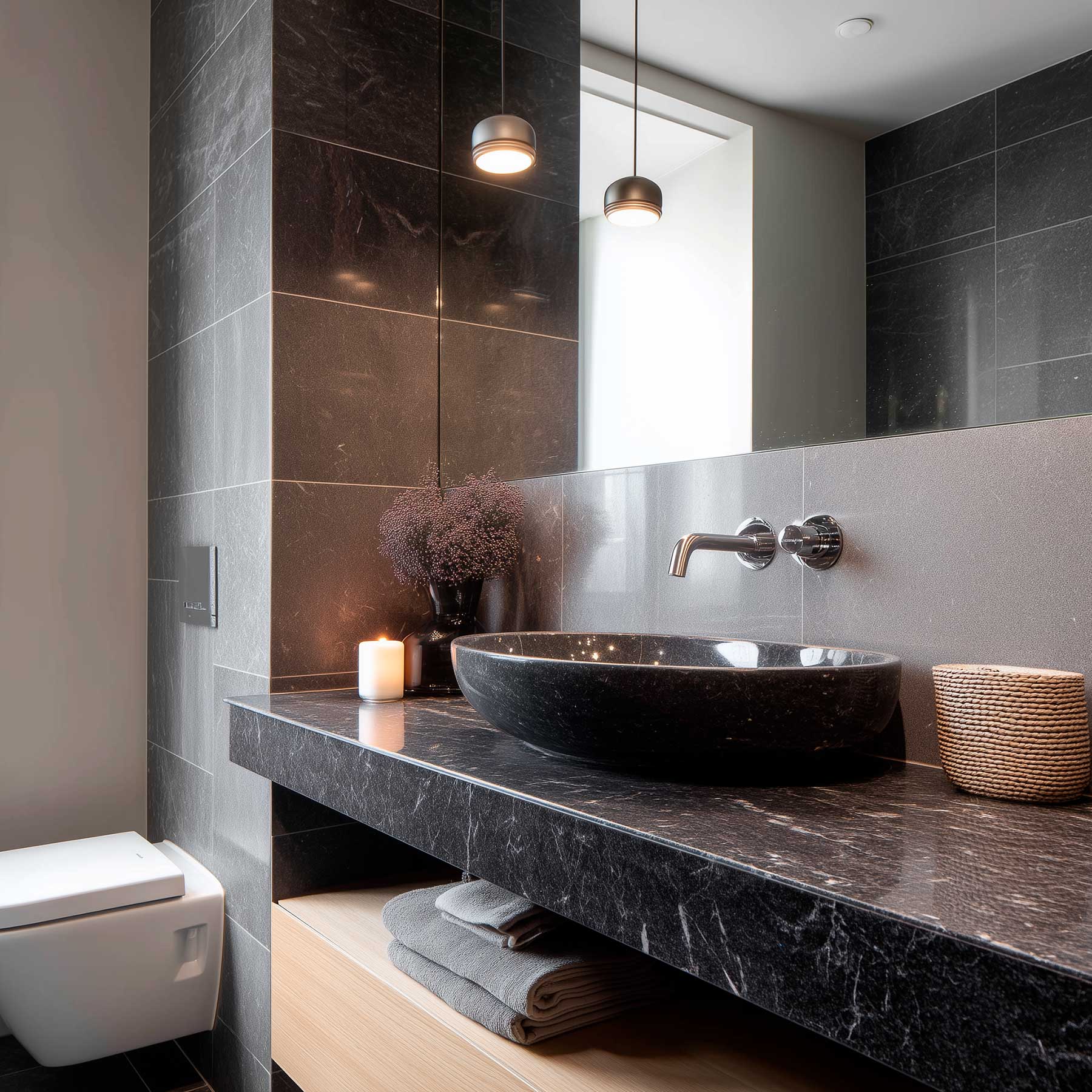 Salle de bains moderne avec plan de travail et vasque en granit noir