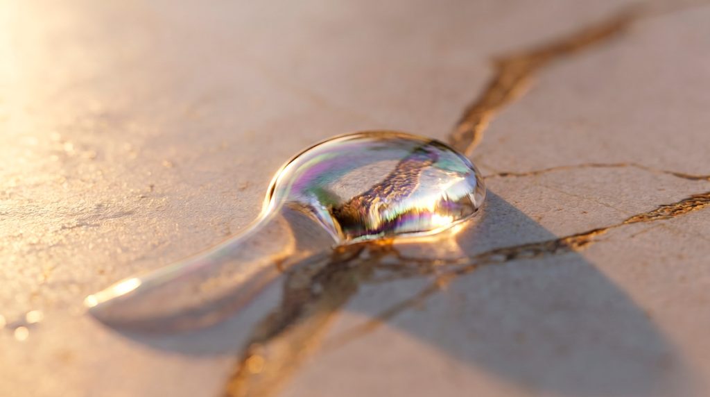 Goutte d'eau perlant sur la surface d'un plan de travail en Ceratop® veiné, illustrant son imperméabilité