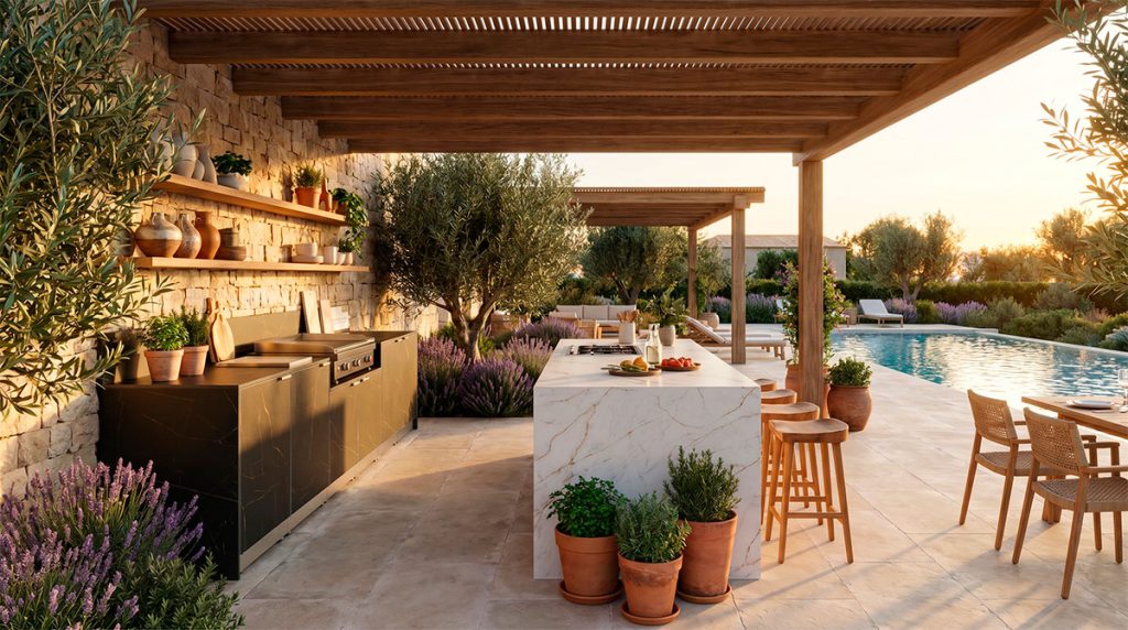 Cuisine extérieure modulaire en Ceratop® avec îlot central et coin cuisson, sous pergola en bois, au bord d'une piscine