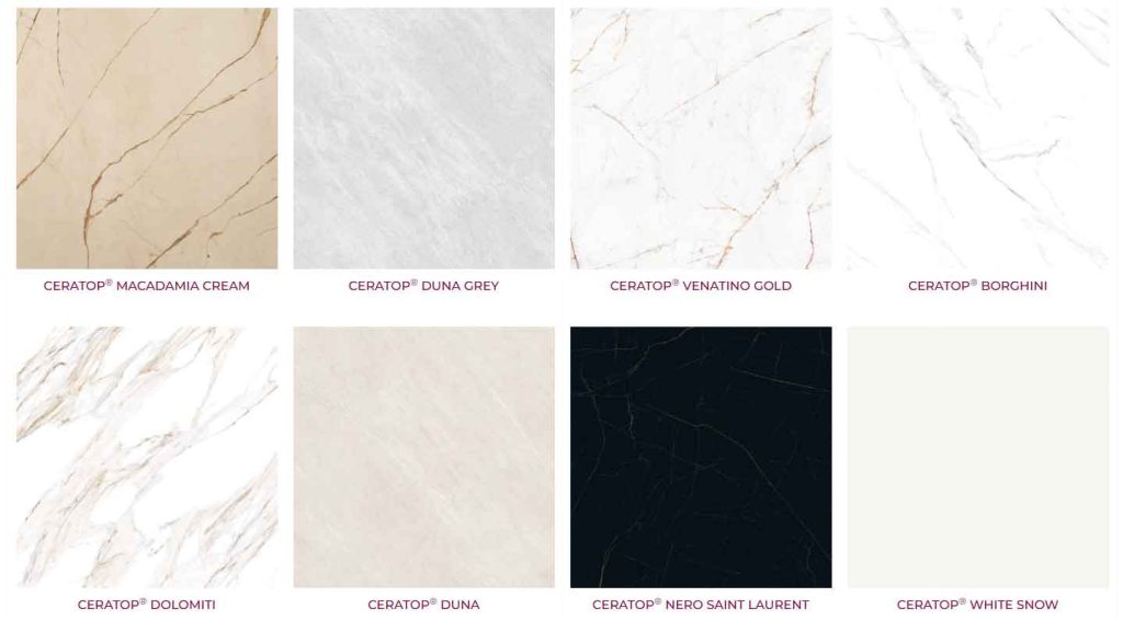 Gamme de finitions Ceratop® : Macadamia Cream, Duna Grey, Venatino Gold, Borghini, Dolomiti, Duna, Nero Saint Laurent et White Snow